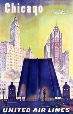 Chicago - United Airlines (Michigan Avenue Bridge) by Artist Unknown | Vintage Posters at International Poster Gallery #chicago #airlines #1955 #united #poster