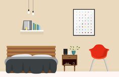 Bedroom – Nathan Manire #retro #icons #theme #illustration #vintage #midcentruy #decoration #modern #design #color #geometric #series #end #lounge #room #eames #flat #soundfreaq #bed #table #interior #chair #bedroom #decor #home #simple