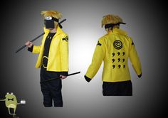 Naruto Uzumaki's iconic SO6P Six Paths Sage cosplay costume features two yellow outfits with black pants, showcased against a black background.