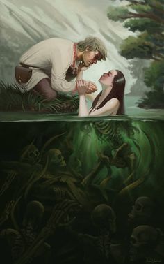 Poland-based illustrator Kamil Jadczak has created a fantastical depiction of 'Rusalka', a demonic water spirit in Slavic mythology who #folklore #fantasy #lure #water #design #horror #mythology #illustration #demon #art #river #mermaid