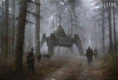 while working on the worldbuilding and fractions for 'Scythe' I would like to share something with you, from time to time, so… please #soldiers #alien #robot #woods #dogs #fi #sci #illustration #art #painting #mech #forest #trees #winter