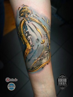A stunning tattoo design inspired by Salvador Dali's iconic melted clock artwork, beautifully rendered on a sleeve.