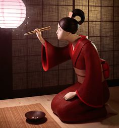 Hand Sculpted Clay Illustrations by Irma Gruenholz #sculpture #asia #design #illustration #geisha #glow #art #meal #oriental #illumination #japan #beauty