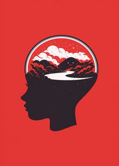 In a Happy Place, by Sa'd Khorsid #clouds #mountain #mind #brain #thinking #illustration #sillhouette #river #thought