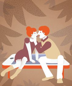 Smartphone Lovers on Behance, Magda Azab #smartphone #lovers #vintage #illustration #flat #orange #kiss #editorial #date #art