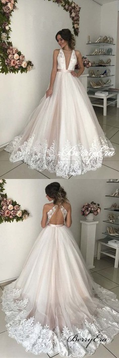 Deep V-neck Lace Tulle Long Wedding Dresses - wedding wishes