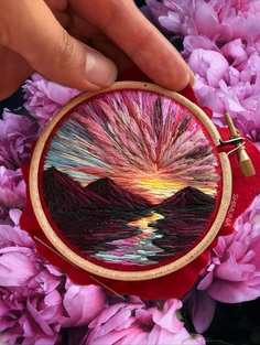Billowing Clouds and Rainbow-Hued Sunsets Created With Textured Embroidery Thread by Vera Shimunia