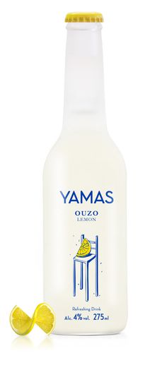 Yamas Drink - Ouzo Lemon #yamas #greek #drink #packaging #label #silkscreen #illustration #surreal #sandblast #citrus #ouzo