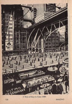 Frank R Paul - H.G. Wells Illustrations (Published in Amazing Stories, April 1966) #paul #ink #white #g #city #black #wells #illustration #h #frank #r #and #bridge #contrast