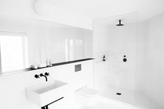 White bathroom with black accents. Red Dirt Rd House by Amee Allsop. #bathroom #minimalism #ameeallsop