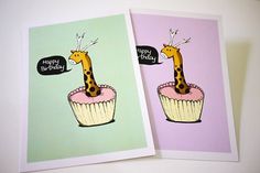 Giraffe Birthday Wish Cards set of 2 Size 5x7 by lonelypeopleart #card #art #greeting #lonelypeopleart #drawing