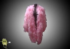 A pink feathered vest is hanging on a mannequin in front of a black background with a yellow character standing next to it, inspired by Donquixote Doflamingo's cosplay costume from One Piece.