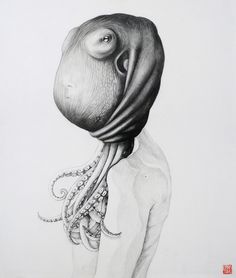 OCTOPUS PART II RED #illustration #octopus #head #hair #surreal #bizarre #hat #weird
