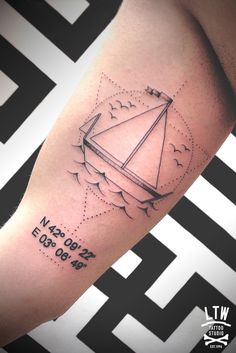 A stunning nautical tattoo design featuring boat coordinates by Jorge Teran, showcasing his unique style blending art and body art.