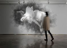 Ephemeral Portraits Cut from Layers of Wire Mesh by Seung Mo Park #layers #sculpture #white #installation #black #mesh #floating #portrait #wire #and