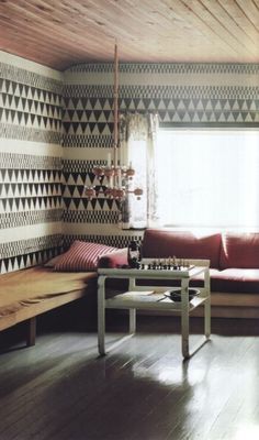 seating, wallpaper #interior #walpaper #wood #pillows #seating