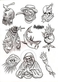 Explore dark tattoo flash art designs, featuring haunting illustrations in black-and-white. Haunted Tattoo offers custom appointments or phone consultations.