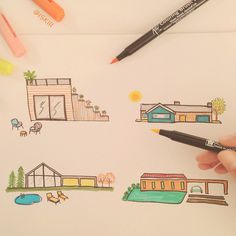 ESTATES ❑ doodle by @iSKiii www.iskistudio.com #facade #doodling #house #backyard #modern #mid-century #design #dream #contemporary #home #illustration #colorful #architecture #brush #pen