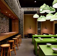 Minimalistic Asian Restaurant with Fresh Green Elements exposed brick walls noodle house decor #interior #house #noodle #design #restaurant