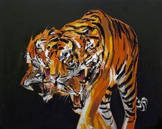 Erik Olson's stunning painting, 'Tigers in the Night', features majestic tigers set against a dark, mysterious backdrop, showcasing their regal beauty.