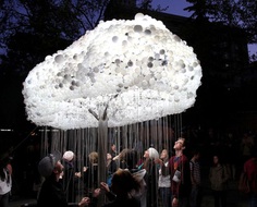 Nuit Blanche Calgary, Cloud installation made of lightbulbs and pull strings, light sculpture, interactive, cool installation