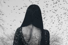 A stunning black-and-white double exposure portrait featuring a woman with her back turned, surrounded by birds in flight, showcasing Muhammed Faread's incredible photography skills.