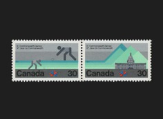 The 11th Commonwealth Games, held in Edmonton in 1978, featured cycling, weightlifting, badminton, wrestling, boxing, swimming, shooting, bowls, and track & field, including a marathon. Canada had the opportunity to choose a tenth sport for 1978 and selected gymnastics. The stamps were released as a series of six — 3 X 14¢ and 3 X 30¢. Each designed to work in colour aligned 'se-tenant' pairs each set against an elegant background of horizontal bands of silver and grey, common to all.