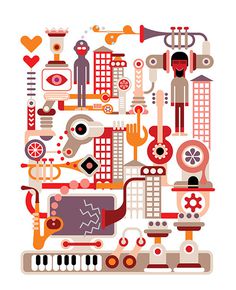Music City - vector illustration #saxophone #musical #eye #illustration #music #hand #concert #nightclub #computer #abstract #guitar #machine #festival #trumpet #design #building #key #club #heart #party #piano #city #game #sax #vector #display #graphic #virtual #sound #street #console