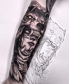 Wolf Headdress Girls Hip Tattoo