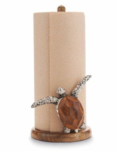 Mango Wood Paper Towel Holder with Silver Turtle
