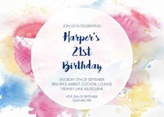 Watercolour 21st Birthday Invitation - Birthday Invitations #paperlust #birthday #invitation #birthdaycards #birthdayinvitation #watercolou
