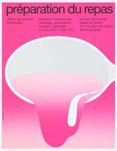 Text across top in black: "preparation du repas" on a pink background that fades out at the bottom of the poster. Minimalist outline of a spoon or ladle in tan, dropping pink liquid onto bottom area of poster.