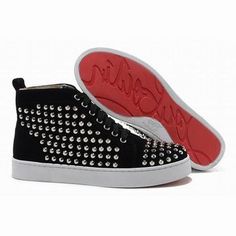 Black Suede Christian Louboutin Louis Silver Flat Spikes Mens Red Sole Shoes #shoes