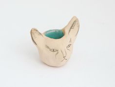 Grouchy cat ceramic candle holder in tan and turquoise #ceramics