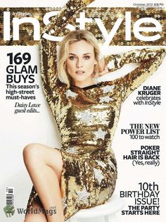 InStyle UK Oct 2011 Diane Kruger by Ben Watts styled Amanda Bellan hair Adir Abergal mu Fiona Stiles #kruger #cover #diane #gold #fashion #dress #magazine