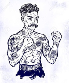 Vintage tattooed retro boxer fighter champion.