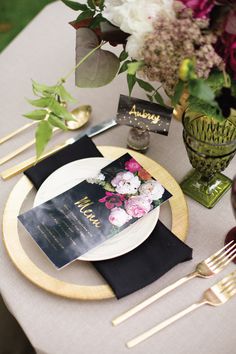 menu2 #stationary #setting #fancy #black #floral #invitations #elegant #number #gold #foil #outdoor #table #velvet
