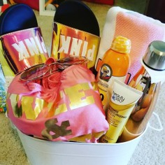 @flakascreations on Instagram: "Teen Beach basket ????????️????#teen #teengiftbasket #giftsforher #basket #pink #beachfun #beachbabes #cutegifts #simple #crafts"