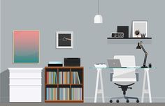Home Office Illustration – Nathan Manire #retro #icons #theme #illustration #desk #vintage #midcentruy #decoration #modern #design #color #geometric #series #room #eames #flat #soundfreaq #office #interior #chair #decor #home #simple #library #workstation