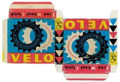 packaging for Velo Free Wheel Clutch bicycle parts in a box, c. 1950?(first discovered via Made in Czechoslovakia, via goenetix)