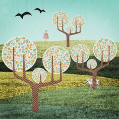 michelle carlslund: in the woods #nordic #woods #danish #bird #illustration #cats #scandinavian #poster #blue #fields #illustraiton #trees #green