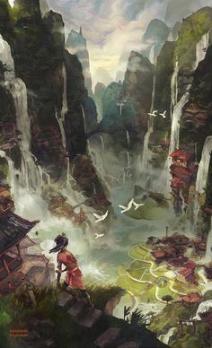 Illusions by Reluin #fantasy #mountain #asia #waterfalls #landscape #illustration #china #valley #beauty