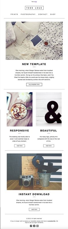 Modern E-Newsletter Template Design. HTML coded, Mailchimp compatible, fully customizable.