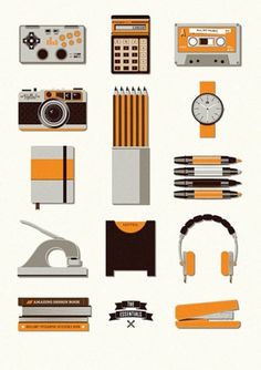 tumblr_lo2rj1rx001qz6f9yo1_500.jpg (495×700) #stationary #camera #headphone #retro #orange #illustration #watch #pencil