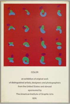 Poster design consists of a photographic reproduction of one of Ferd Troller's paintings on a white sheet with dark grayt text below. The painting consists of vivid blue, green and purple curved and circular shapes that seem to float on a saturated red ground. A penciled signature is visible on the image lower left.. With a center justification below the text: COLOR / an exhibition of original work / of distinguished artists, designers and photographers / from the United Statesand abroad / sponsored by / The American Institute of Graphic Arts.