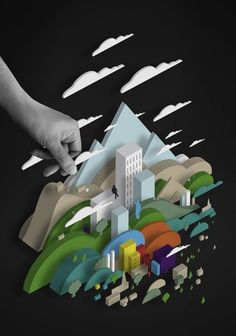 FLUID / POCKO TIMES on the Behance Network #clouds #primary #city #design #colours #black #illustration #poster #hand