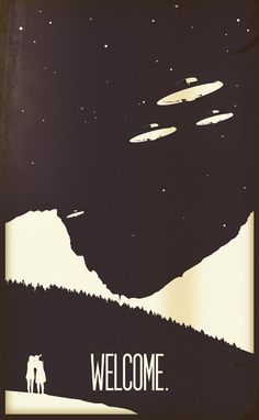 A87 // ILLUSTRATION #alien #white #minimalistic #negative #ufo #positive #black #wood #vintage #poster #and #welcome #mountains #trees