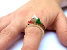 A Tiny Landscape on Your Finger: Birch Rings by Clive Roddy Photo #mountain #white #house #red #cutter #tree #laser #wood #ring #green