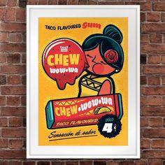 A retro illustration of taco flavoured gum, reminiscent of vintage advertisements, perfect for those who love nostalgic treats.