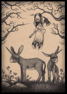 muleicorn.jpg (645×900) #donkey #creepy #unicorn #horror #illustration #axe
